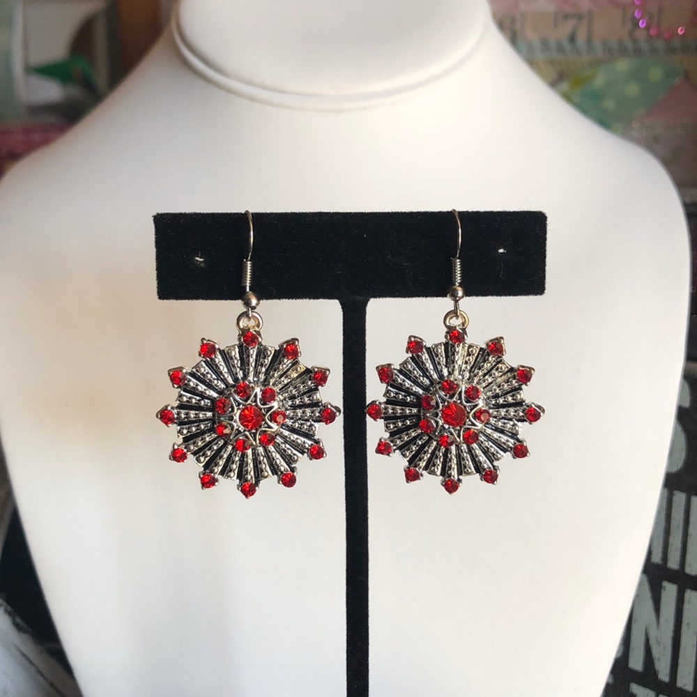 Red Ruby (CZ) & Silver Starburst Drop Earrings